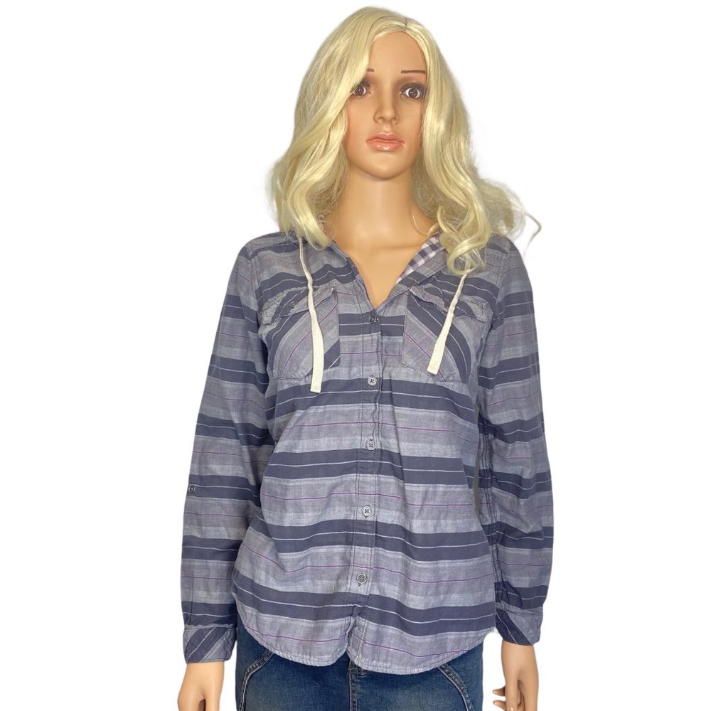 Columbia Women Button Up Hooded Cotton Flannel Shirt S Cotton Purple Gray Plaid - Picture 11 of 11